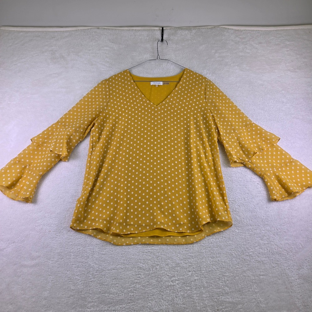 Calvin Klein Mustard Yellow Clip Dot V-Neck Tiered Bell Sleeve Blouse Medium